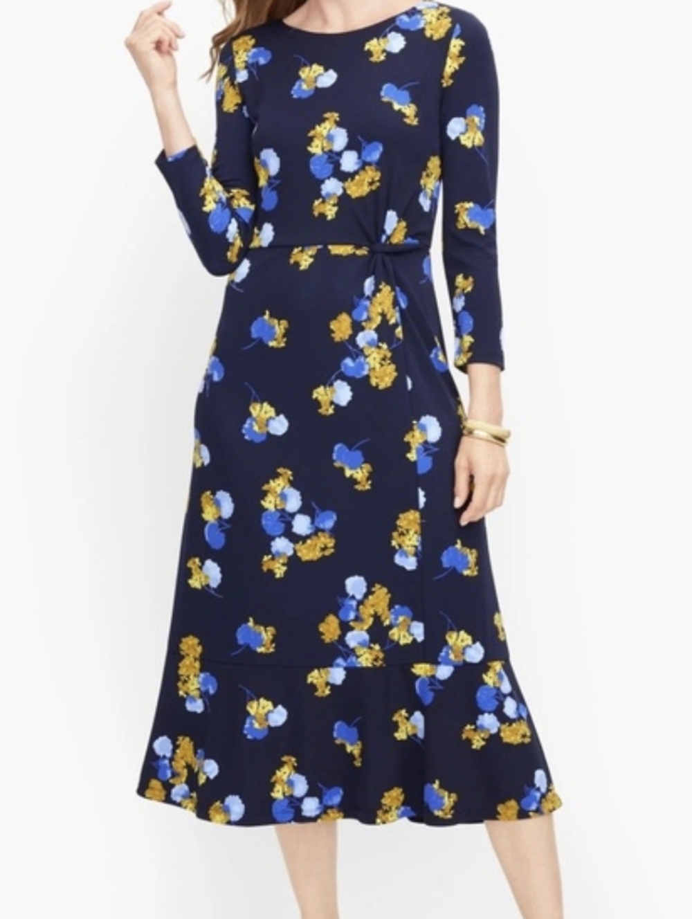 Talbots Navy Floral Midi Dress - Blue & Yellow Print Size 8